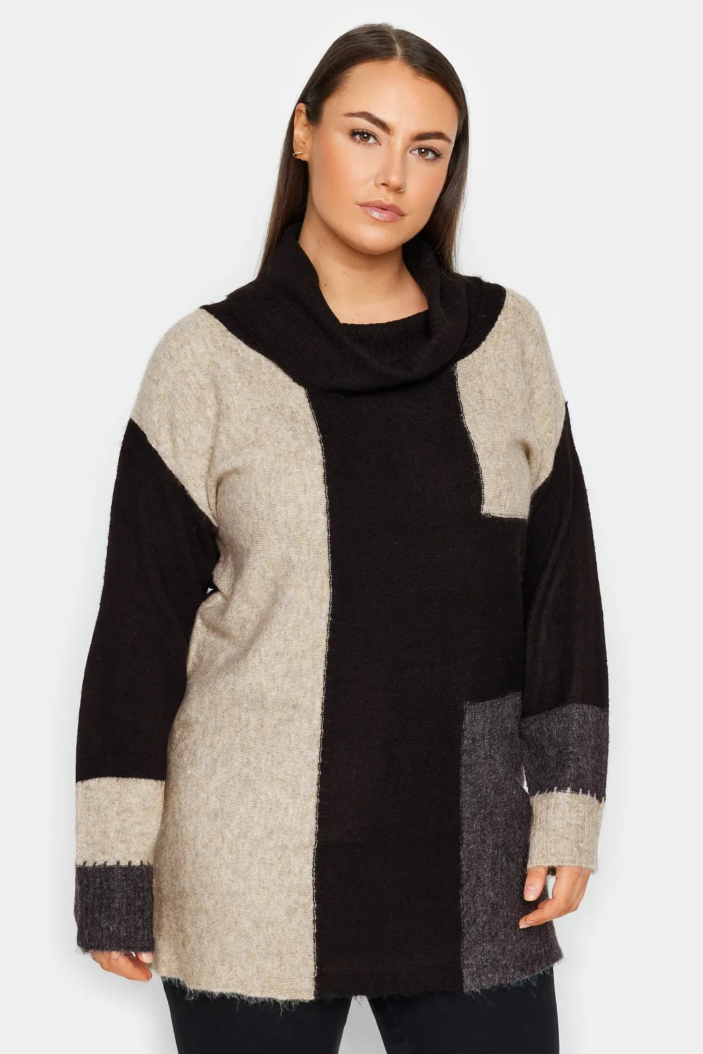 Evans Black Roll Neck Colourblock Jumper