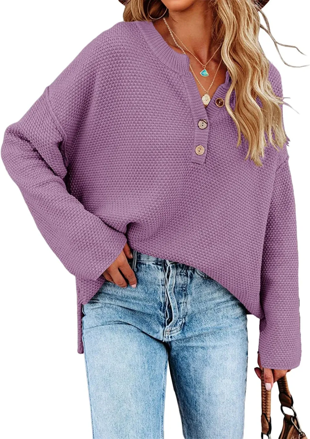 Women's Oversized Sweaters Batwing Long Sleeve Loose V Neck Button Henley Tops Pullover Knit Jumper