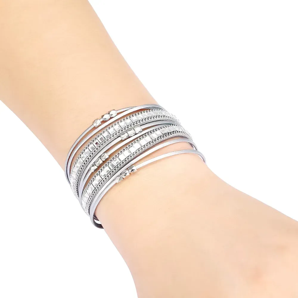 Fesciory Leather Wrap Bracelets for Women, Boho Leopard Multi-Layer Crystal Beads Cuff Bracelet Jewelry