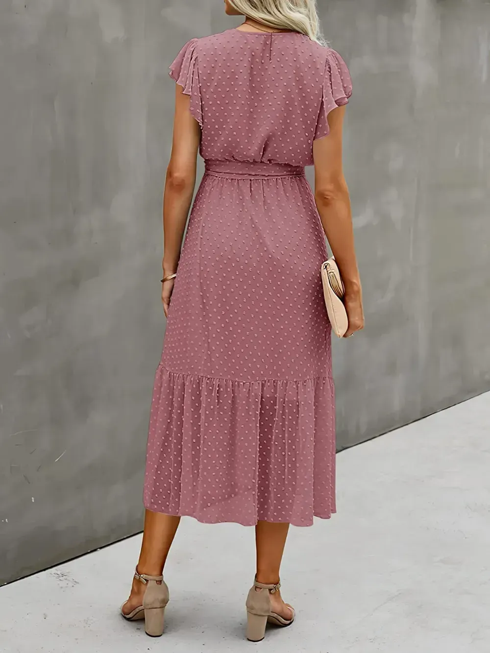 Women Summer Bohemian Floral Casual Wrap V Neck Ruffle Cap Sleeveless Belt A-Line Pleated Hem Swing Midi Sun Dress