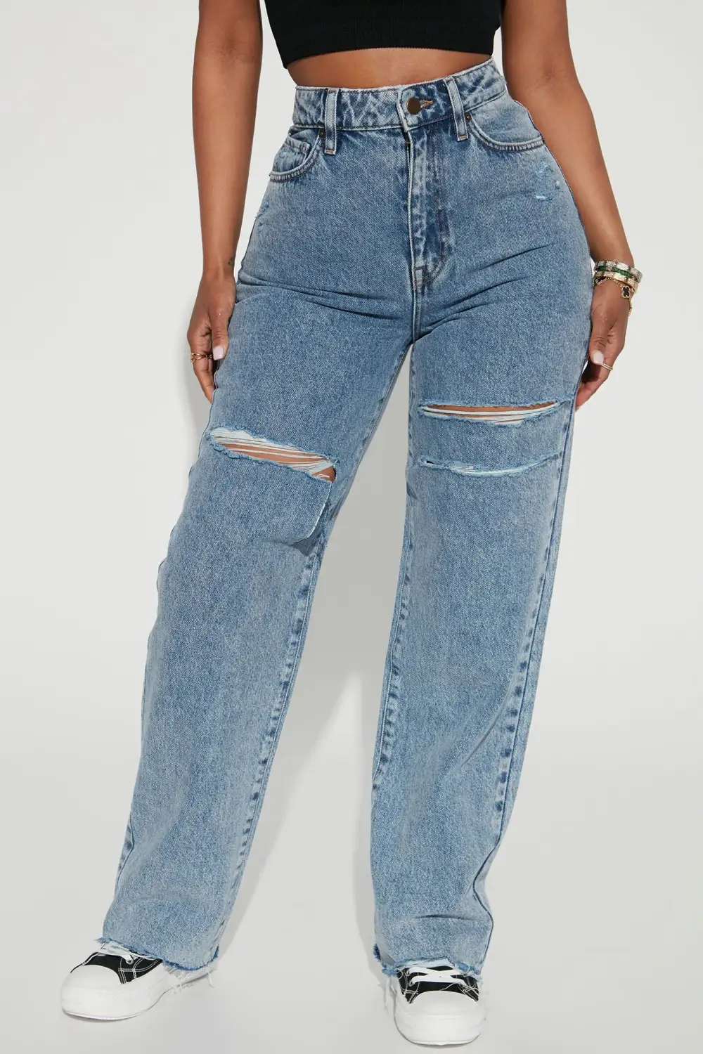 Calling Home Ripped Non Stretch Straight Leg Jeans - Medium Blue Wash