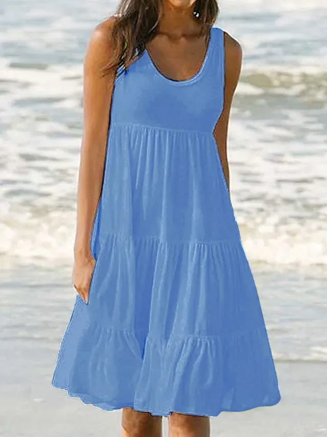 Women's White Dress Sundress Midi Dress Black And White Light Pink Green Sleeveless Pure Color Ruched Spring Summer Crew Neck Basic Boom Sale Dress S M L XL XXL 3XL 4XL 5XL