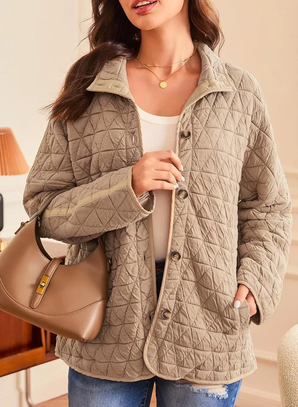 Women's Lightweight Diamond Quilted Jacket Casual Winter Open Front Button Down Puffer Coat Outwear Cardigan