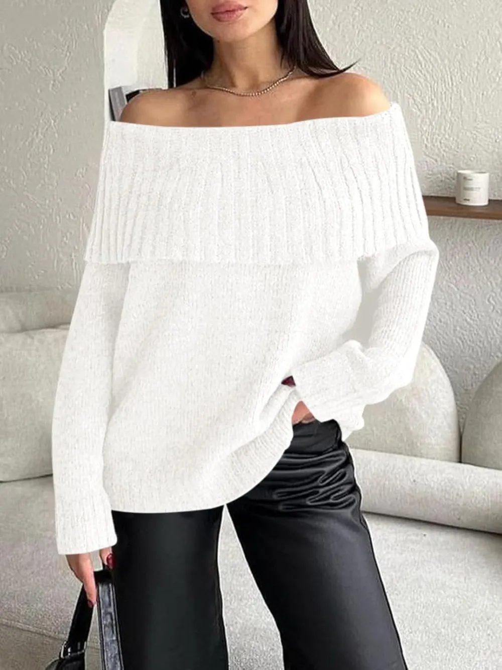 🎄Hot Sale Off The Shoulder Sweaters Long Sleeve Slouchy Knitted Casual Loose Fall Trendy Pullover Tops