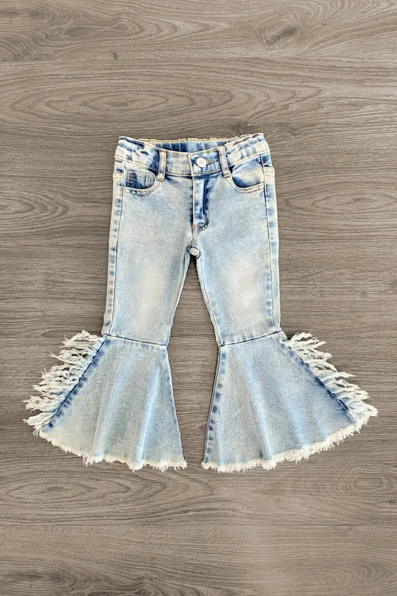 Bleached Denim Fringe Bell Bottom Jeans