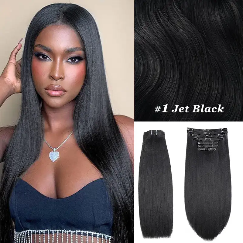 Double Drawn Yaki Straight Clip In Hair Extensions Human Hair Clip Ins 120g 8pcs With 18 Clips