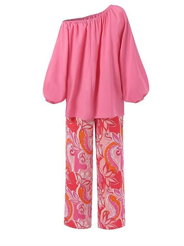 Women's Loungewear Sets Flower Fashion Casual Comfort Home Street Daily Polyester Breathable Off Shoulder Long Sleeve Shirt Pant Summer Spring Black Pink