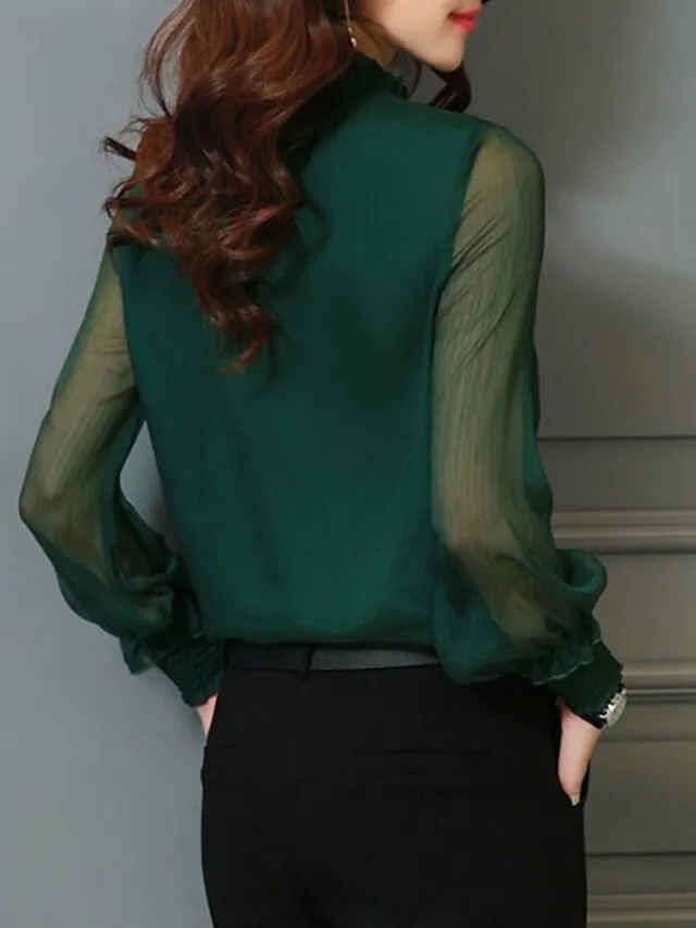 Women's Shirt Blouse Eyelet top Turtleneck shirt Wine Black White Mesh See Through Long Sleeve Office Work Business Basic Casual Regular Regular Fit Lantern Sleeve M