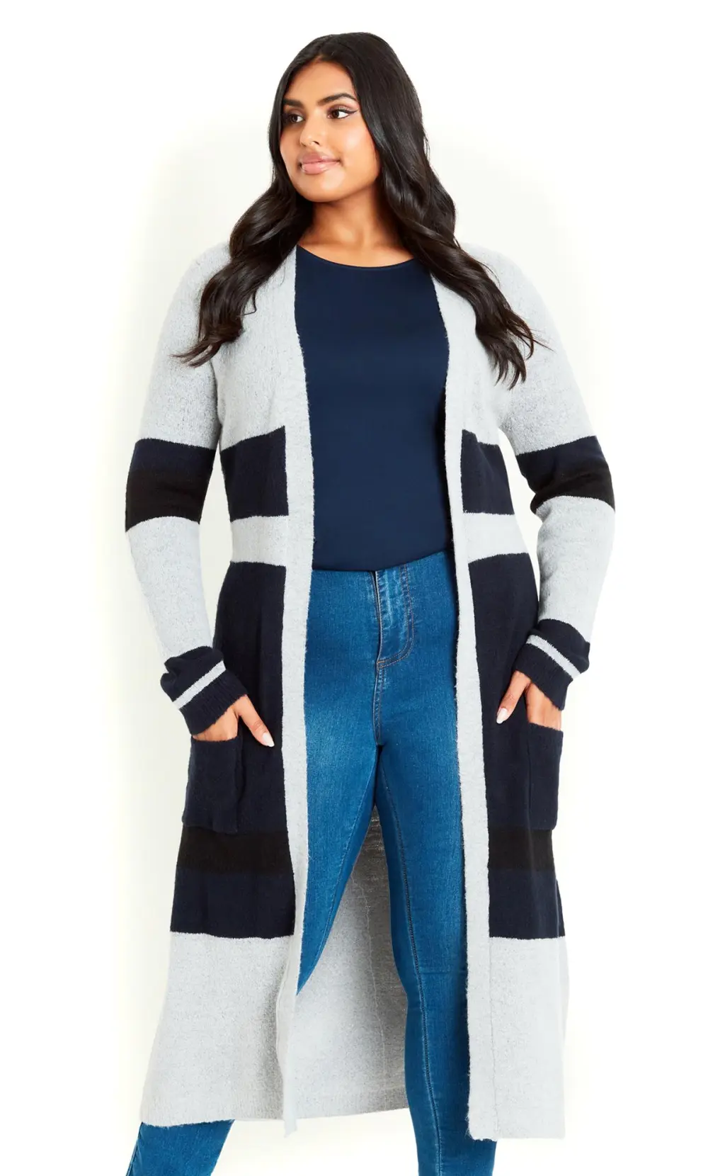 Evans Grey & Navy Blue Colour Block Maxi Cardigan