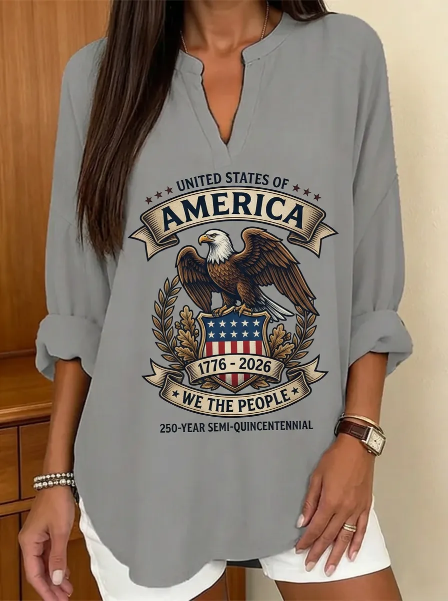 Women's USA Patriotic Eagle 1776-2026 Printed V-neck Top
