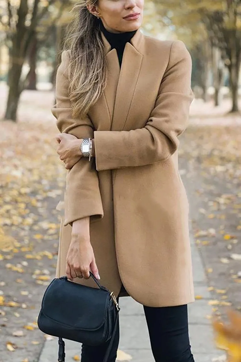 Solid standing collar slim long faux woolen coat