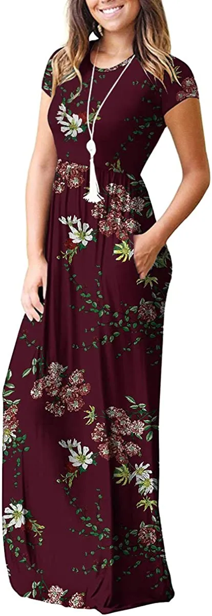 Women's Short Sleeve Loose Plain Maxi Dresses Casual Long Dresses with Pockets