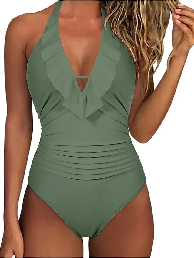 Women's Swimwear One Piece Normal Swimsuit Ruffle Tummy Control Plain Black Green Rose Red Bodysuit Bathing Suits Sports Beach Wear Summer