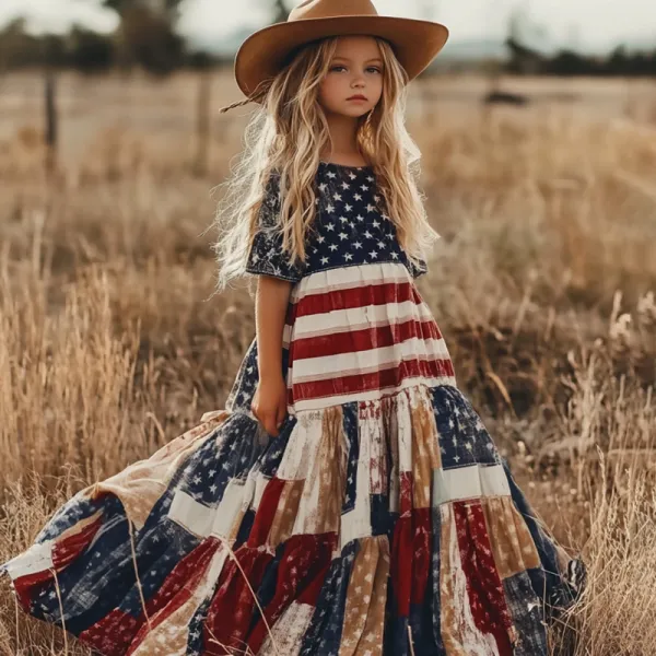 Young Girl's Independence Day America Flag Patchwork Print Linen Short Sleeve Dress