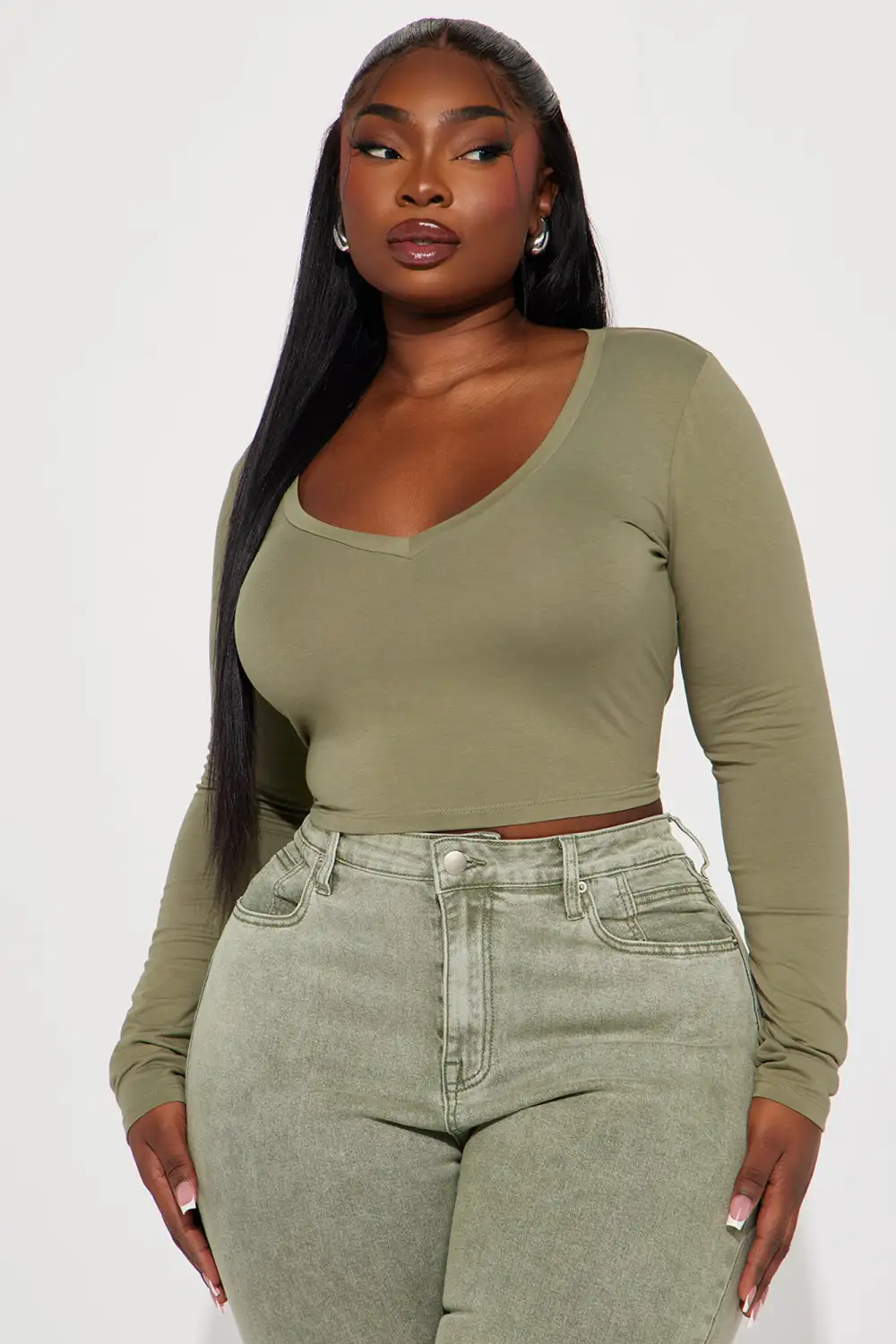 Carly V Neck Crop Long Sleeve Tee - Olive