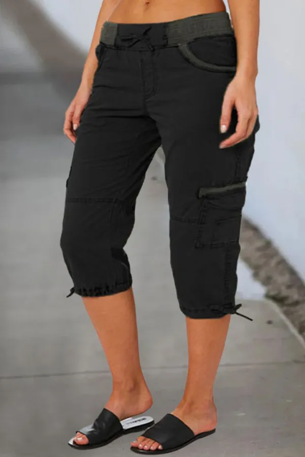 Drawstring Waist Flap Pocket Design Capris Pants