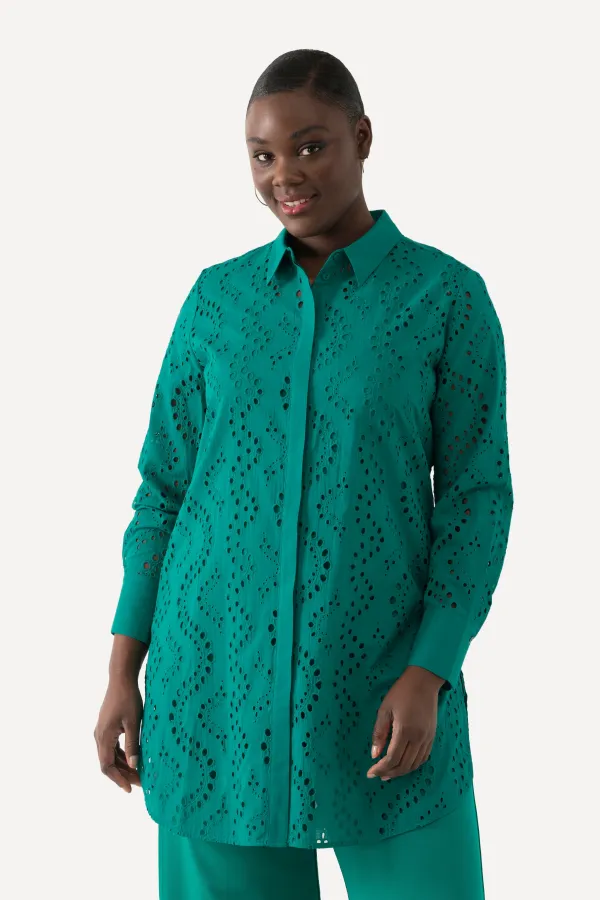 Longbluse, Lochstickerei, Hemdkragen, Langarm
