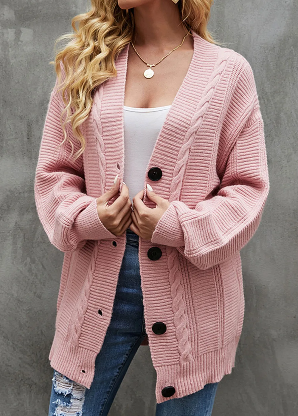 Light Pink Button Long Sleeve Cardigan