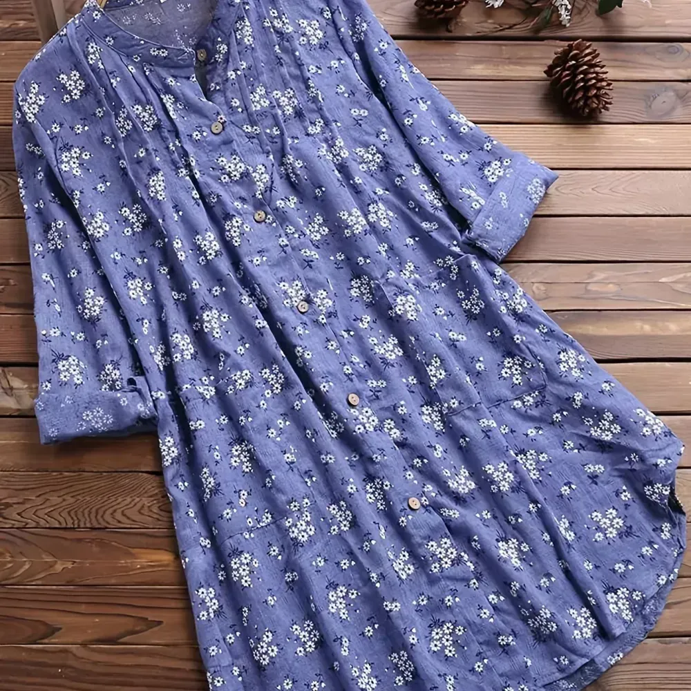 Plus Size Floral Print Long Sleeve Button Up Shirt, Women's Plus Turn Down Collar Casual Top