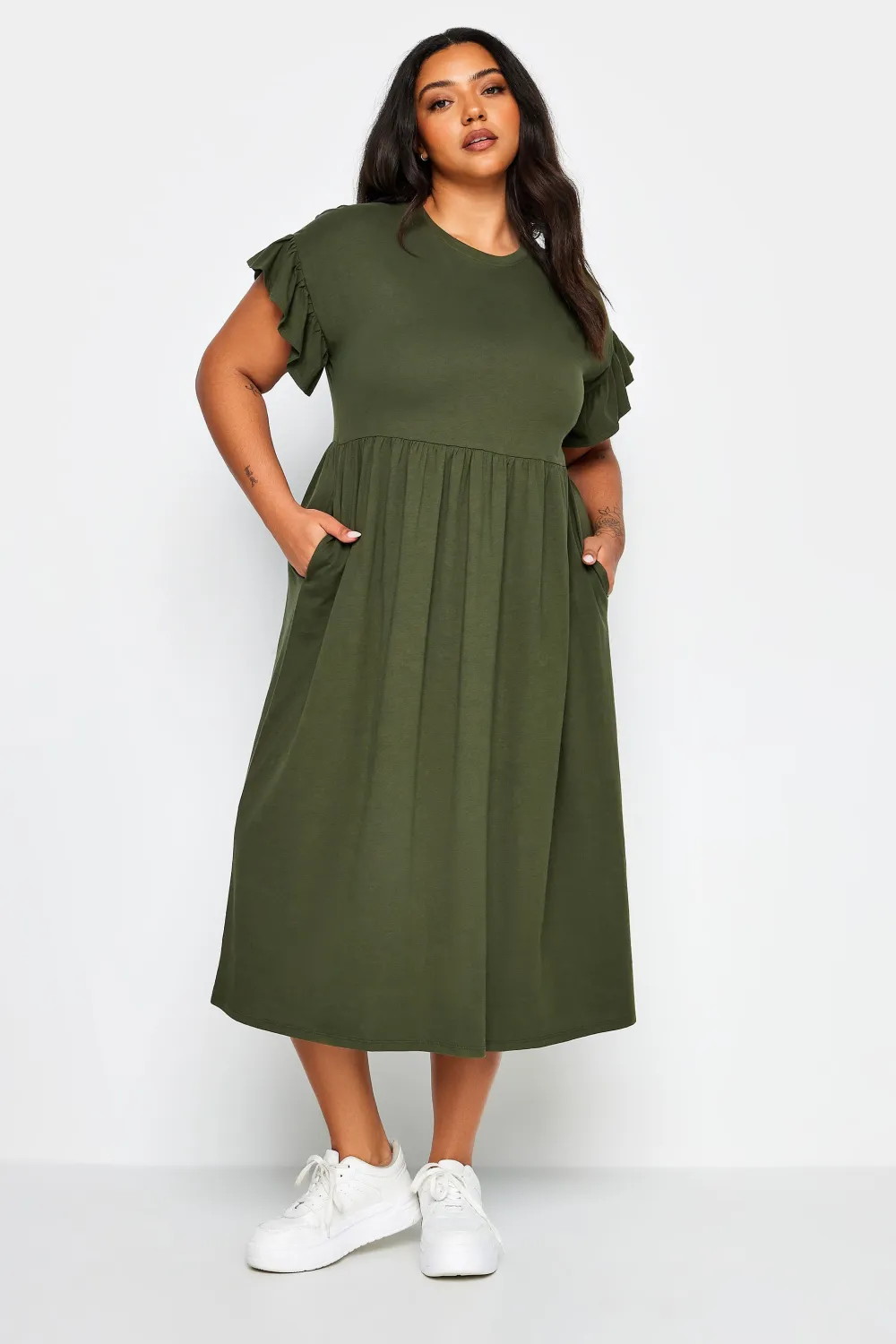YOURS Curve Khaki Green Pure Cotton Midaxi Dress