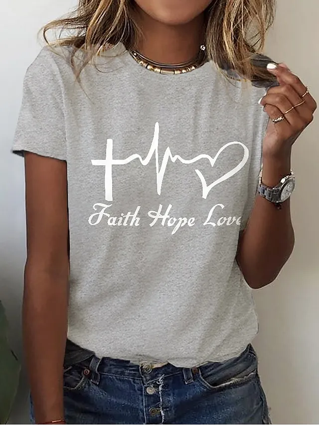 Women's T shirt Tee Cotton 100% Cotton White Yellow Pink Heart Letter Print Short Sleeve Casual Weekend Basic Round Neck Regular Fit Painting