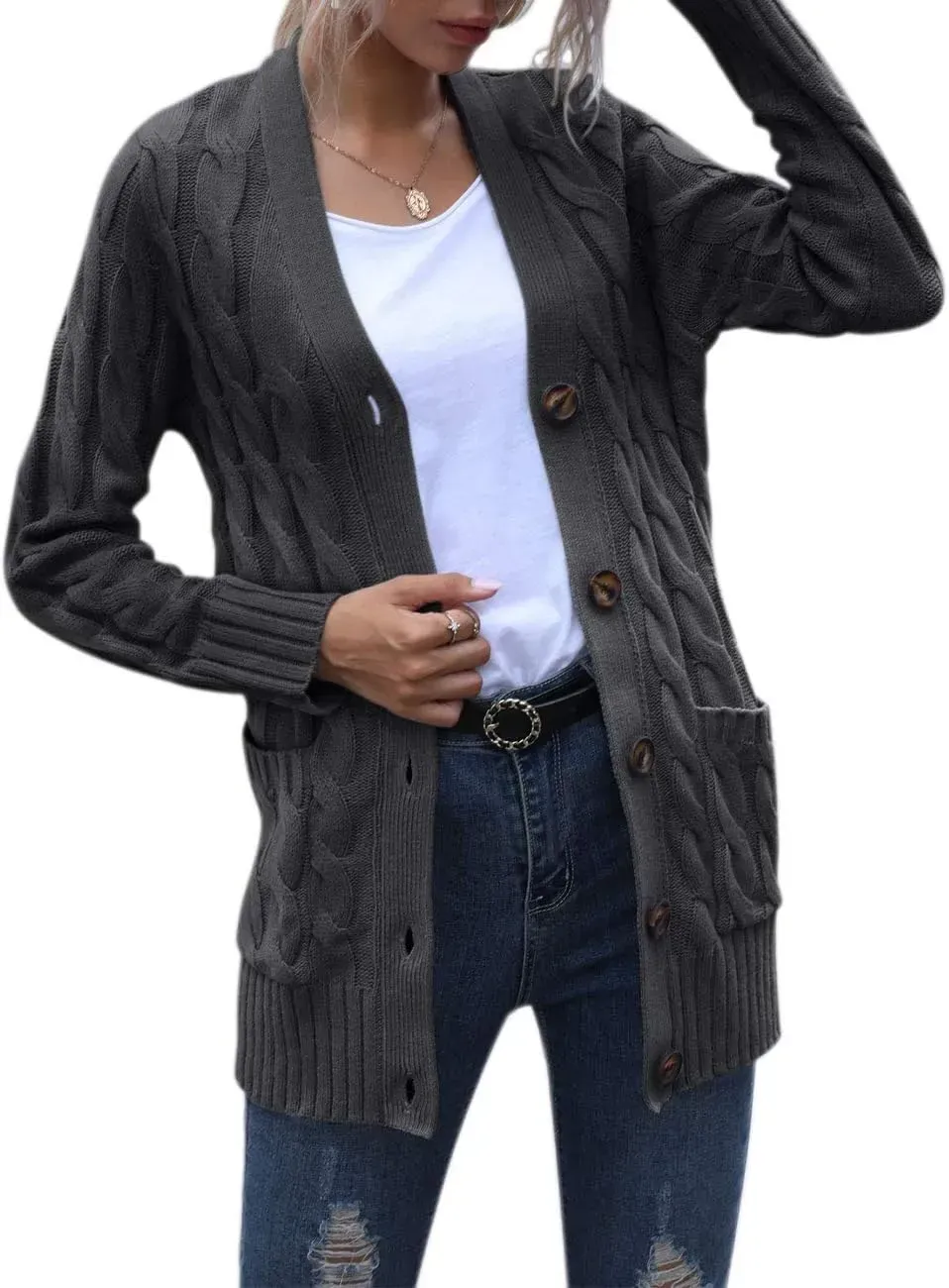 MEROKEETY Women's 2024 Fall Long Sleeve Cable Knit Sweater Open Front Cardigan Button Loose Outerwear