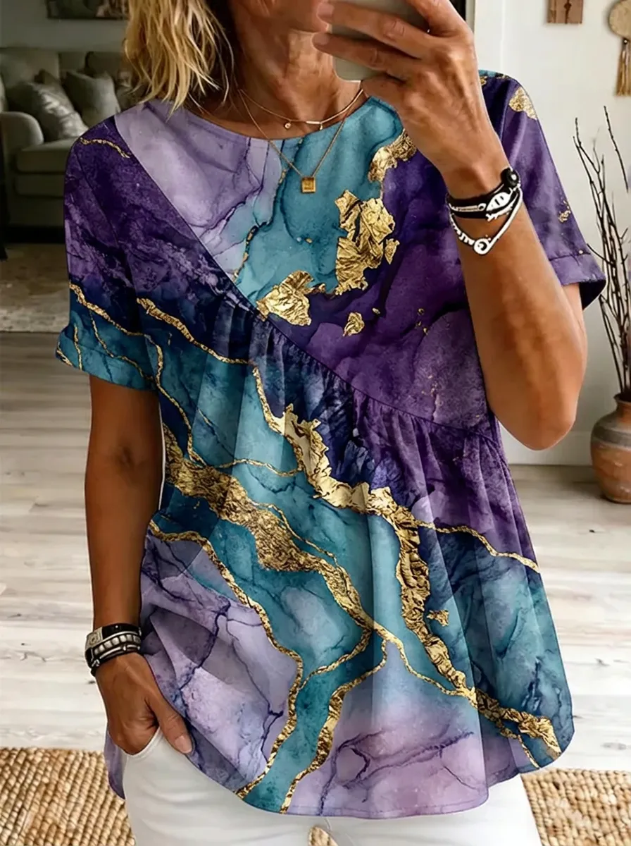 Women's Nashville Theme Purple Teal Marble Gold Foil Printed T-shirt
