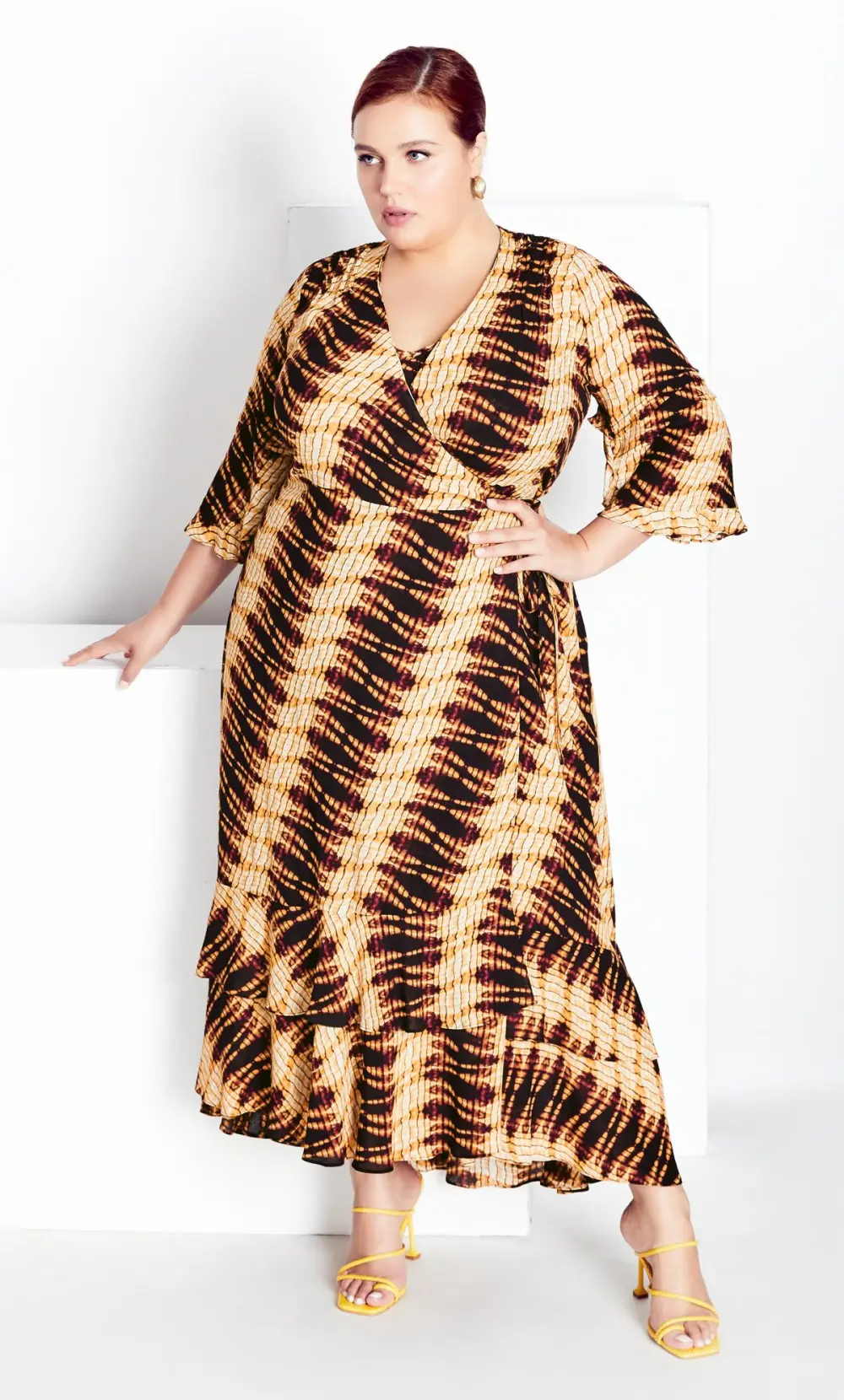 Evans Yellow & Brown Swirl Print Wrap Smock Maxi Dress