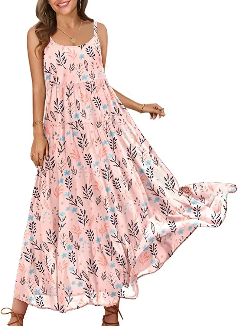 Summer Dresses for Women Casual Loose Bohemian Floral Dress with Pockets Spaghetti Strap Maxi Dress E75
