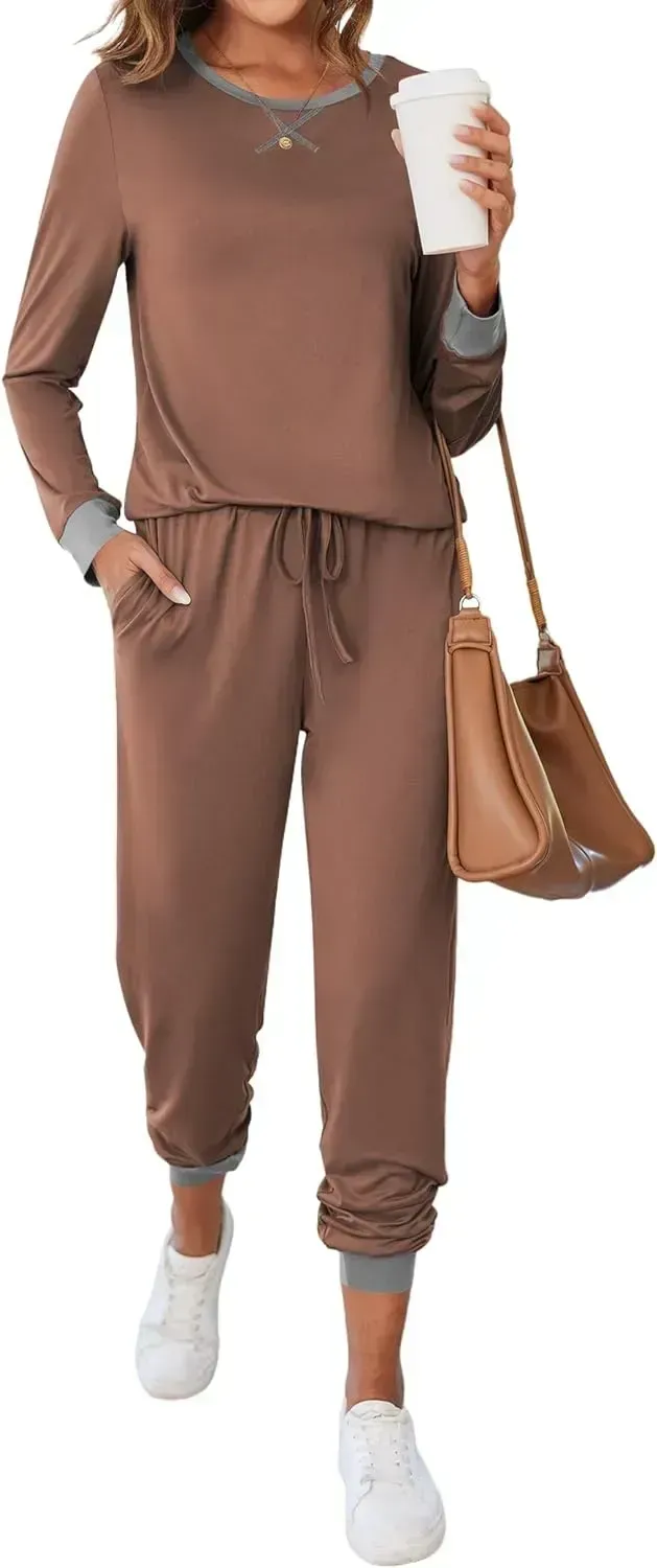 Women's Pajamas Sets Long Sleeve with Plaid Pants Soft Sleepwear O Neck 2 Piece Pjs Joggers Loung Set with Pockets