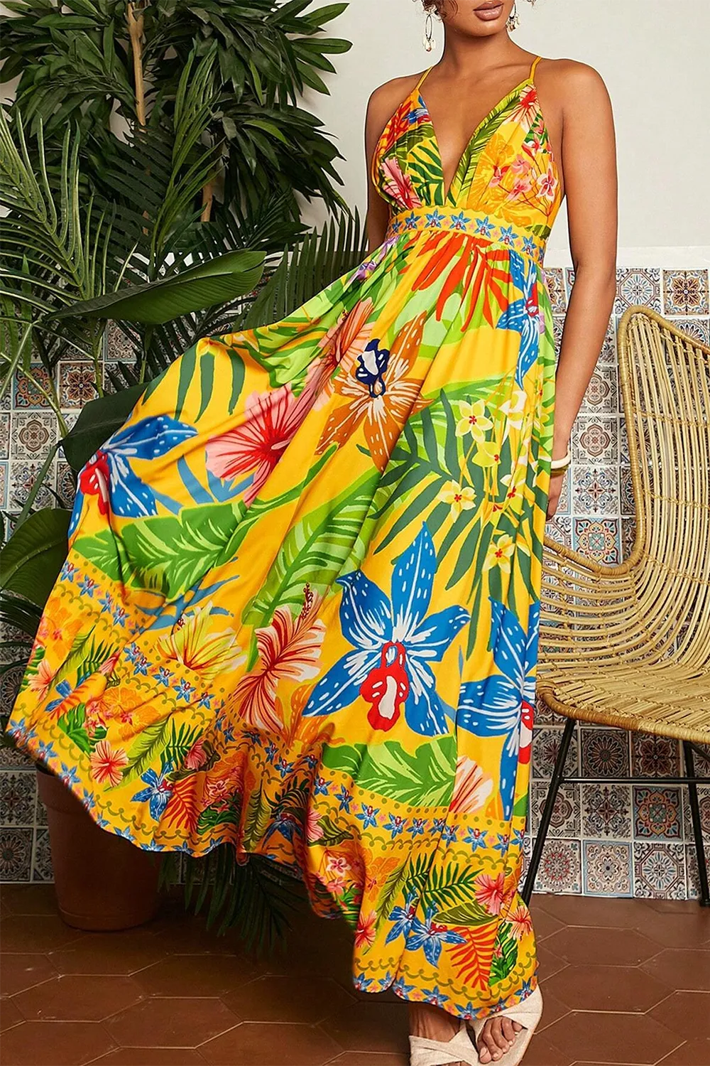 Women's Plant Printed Spaghetti Strap Dress