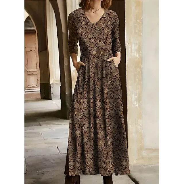 Women's Winter Dress T Shirt Dress Tee Dress Floral Tribal Pocket V Neck Long Dress Maxi Dress Vintage Ethnic Daily Long Sleeve Fall Winter