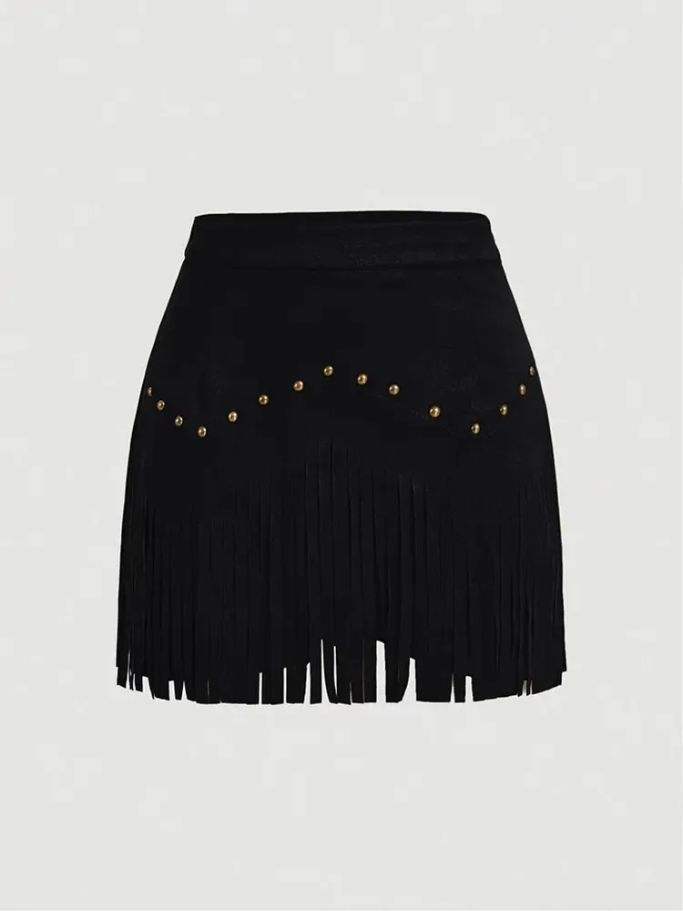 Women'S Vintage Hippie Rivet Fringe Brown Suede A-Line Skirt