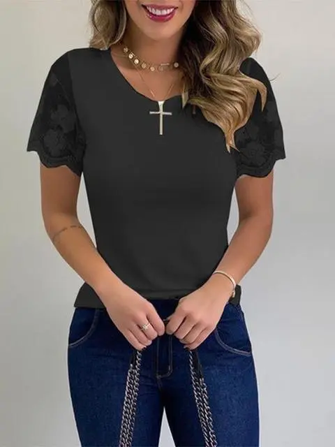 Lace Short Sleeve Casual Tops