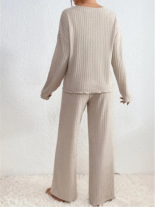 Women's Loungewear Sets Pure Color Casual Comfort Soft Home Daily Vacation Polyester Breathable V Wire Long Sleeve Sweater Pant Fall Winter Black Brown