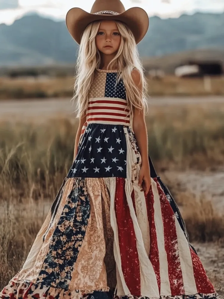Young Girl's Independence Day Patchwork America Flag Print Linen Tank Dress（with Belt）