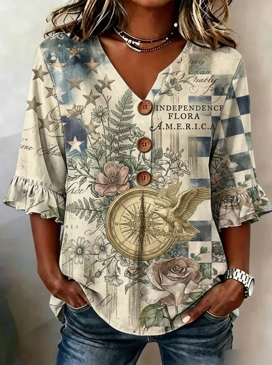 Women's Nashville Patriotic Eagle Floral Compass Printed V-neck Top