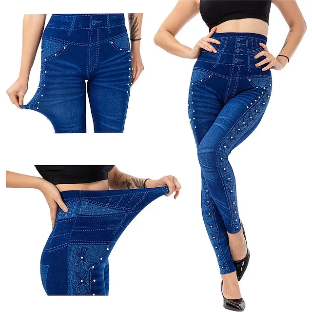 Women's Tights Leggings Jeggings Plain Tummy Control Butt Lift Ankle-Length Casual Weekend Faux Denim Fashion Skinny Black Blue High Waist High Elasticity