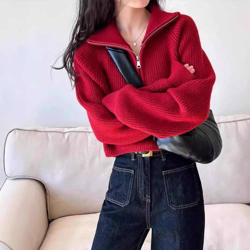 Retro Half Zip Cropped Bat Sleeve Pullover Sweater