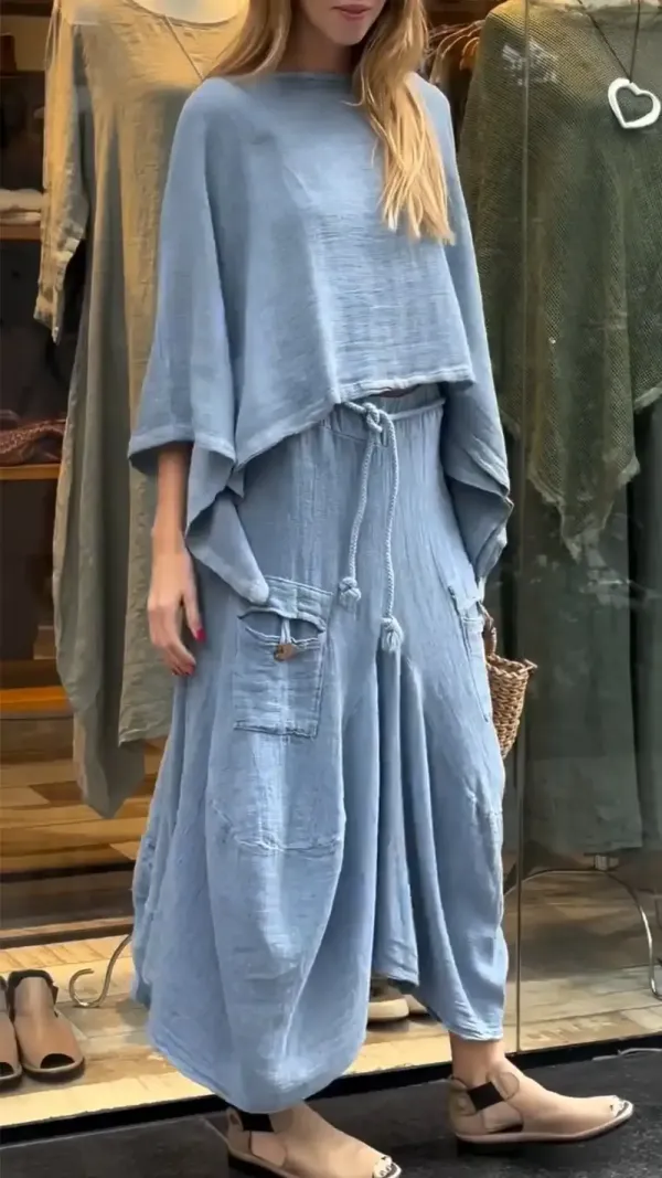 Women's Round Neck Mid-length Sleeve Casual Cotton and Linen Suit