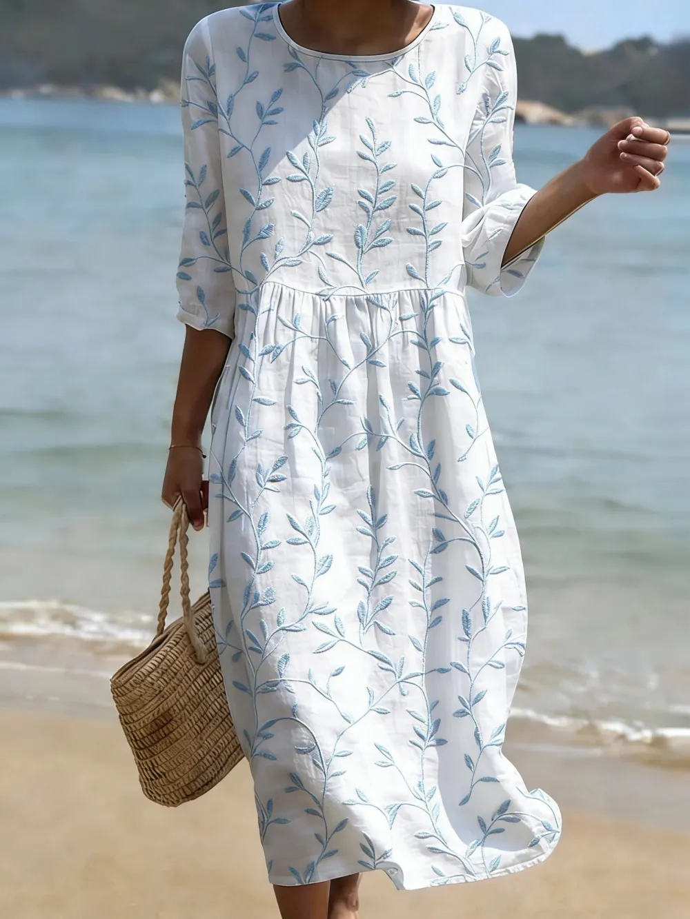 Women's Casual Plant Leaf Printed Cotton And Linen Dress