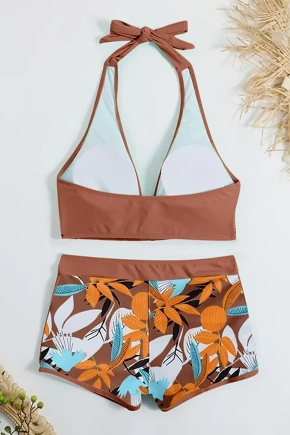 Sexy padded printed high-waisted patchwork swim trunks set