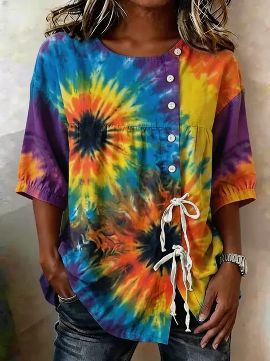 Women's Nashville Music City Tie-Dye Printed Button-Up Top