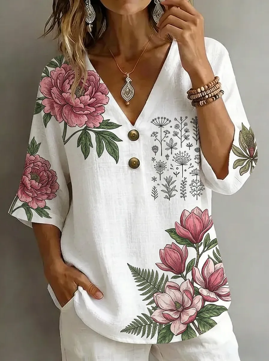 Women's Nashville Floral Peony Botanical Printed V-Neck Top