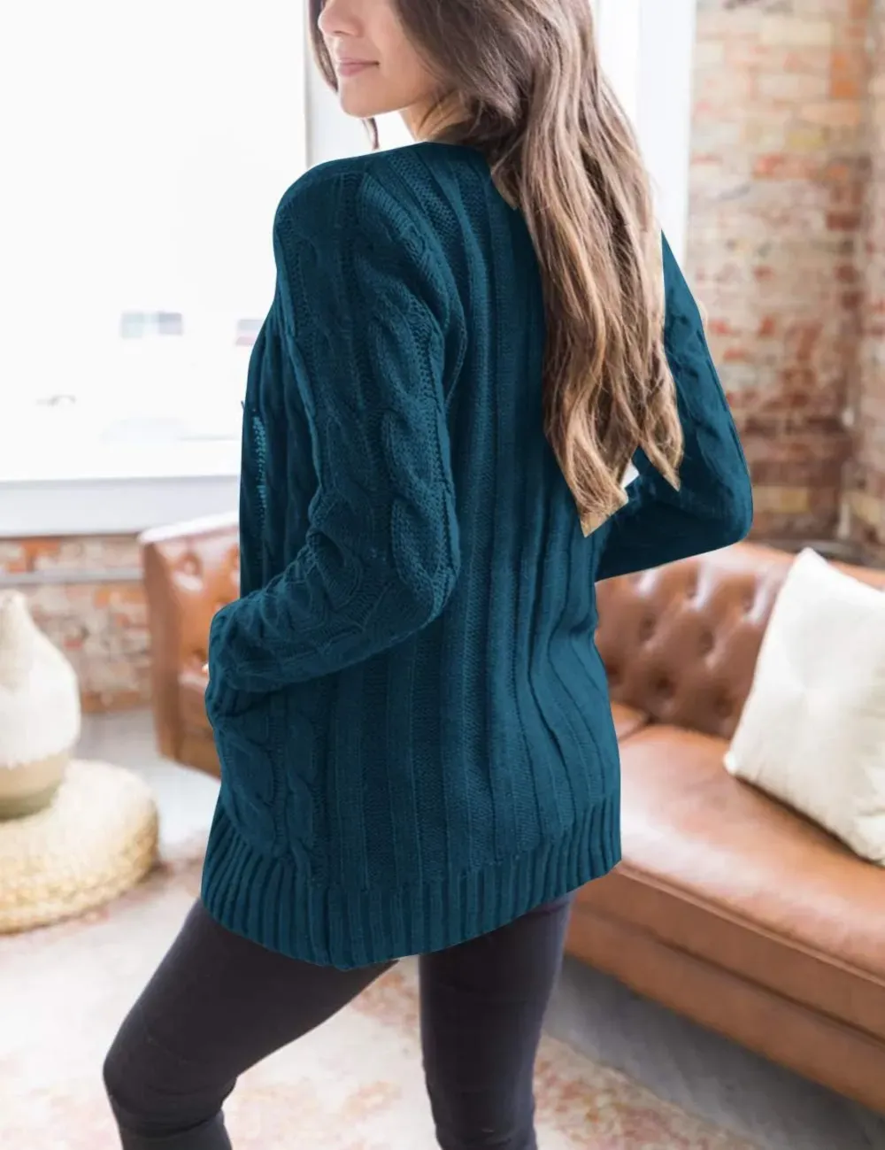 MEROKEETY Women's 2024 Fall Long Sleeve Cable Knit Sweater Open Front Cardigan Button Loose Outerwear