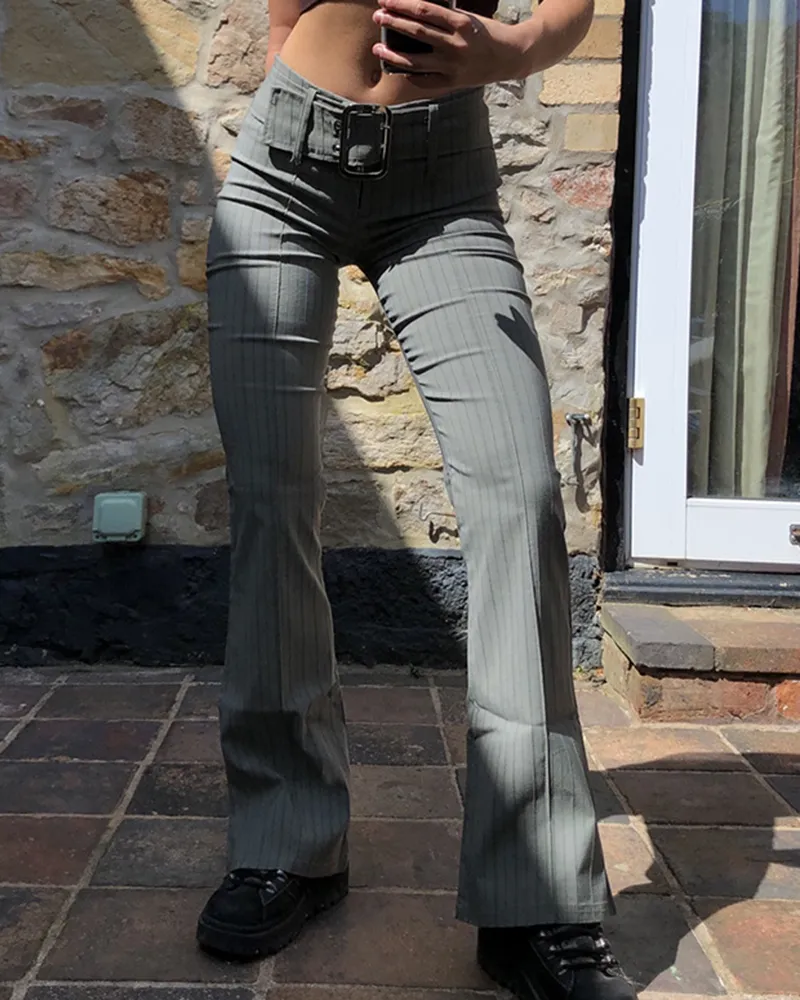 Striped Seam Front Buckle Belted Zip Up Flare Pants