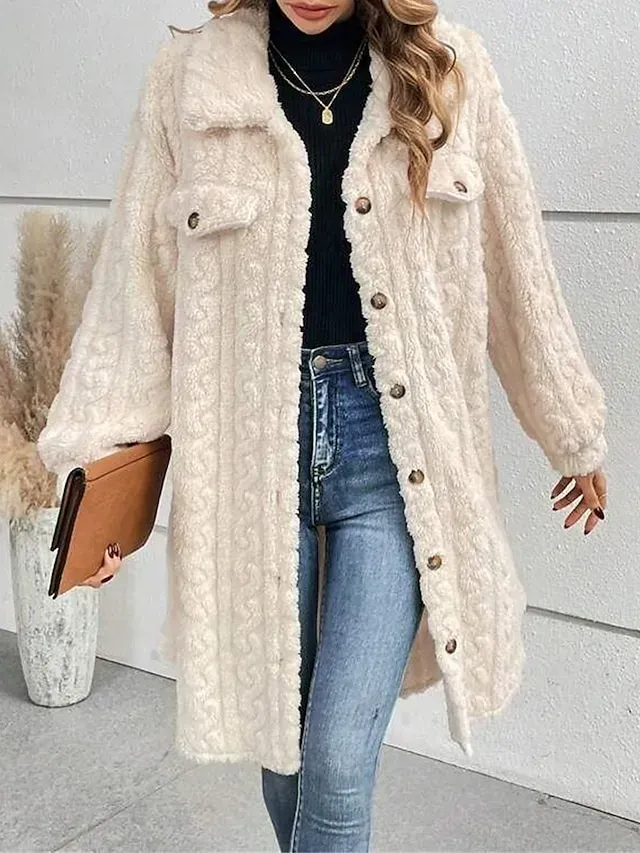 Women's Winter Coat Teddy Coat Coat Windproof Warm Outdoor Street Daily Going out Button Pocket Fleece Lined Single Breasted Lapel Fashion Plush Casual Minimalism Solid Color Regular Fit Outerwear