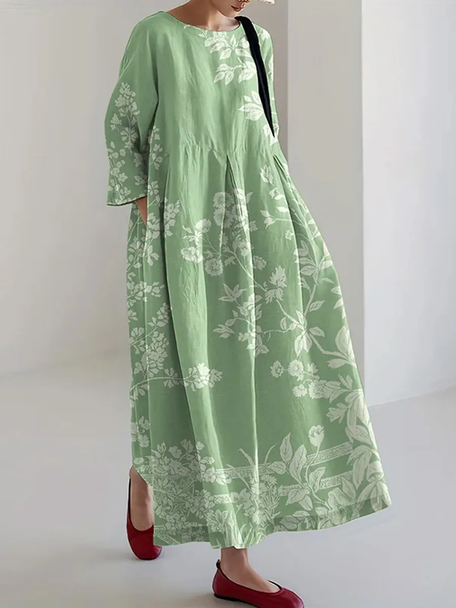 Vintage Japanese Floral Art Pattern Flowy Linen Maxi Dress