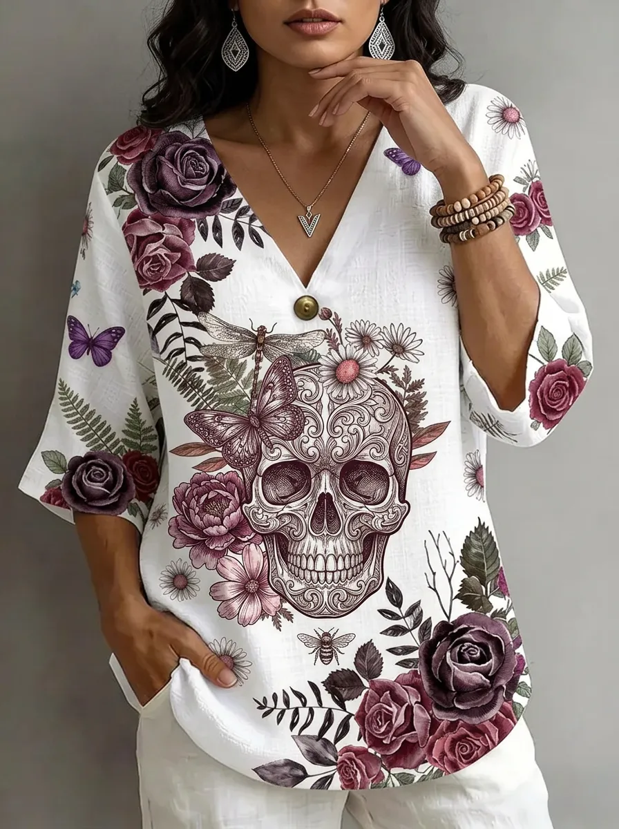 Women's Nashville Floral Skull Butterfly Printed V-Neck Top
