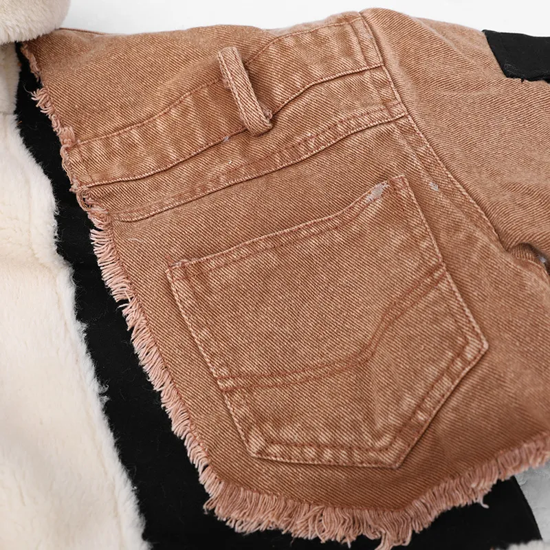 Fashion Plush Denim Stitching Lamb Wool Liner Thickened Short Jacket